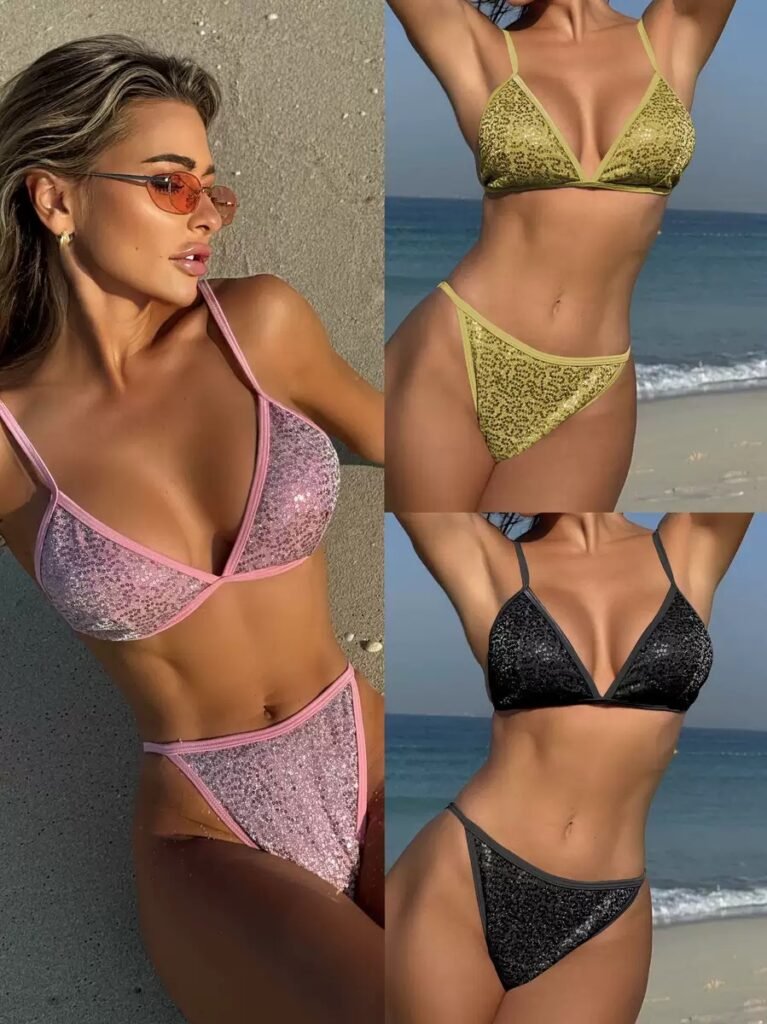 sequin triangle bikini in multi color beachside