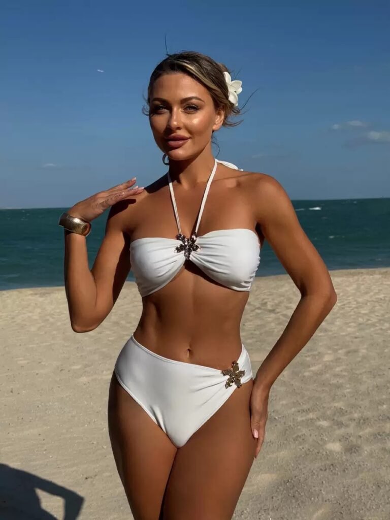 high waisted bandeau bikini white crystal bloom