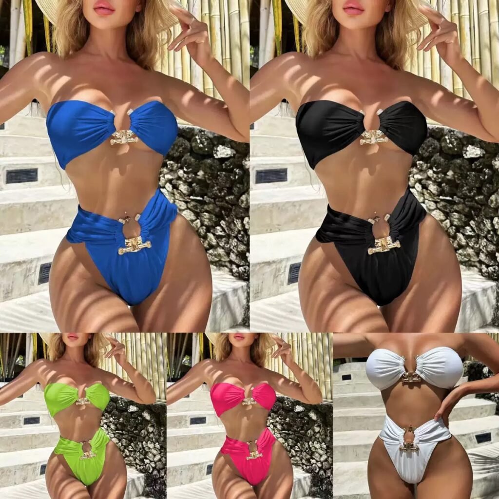 gold clasp bandeau bikini in royal blue
