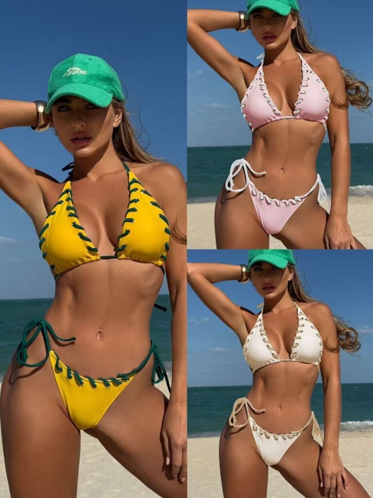 Côte Lace Contrast Stitch Bikini – Side Tie & Triangle Top